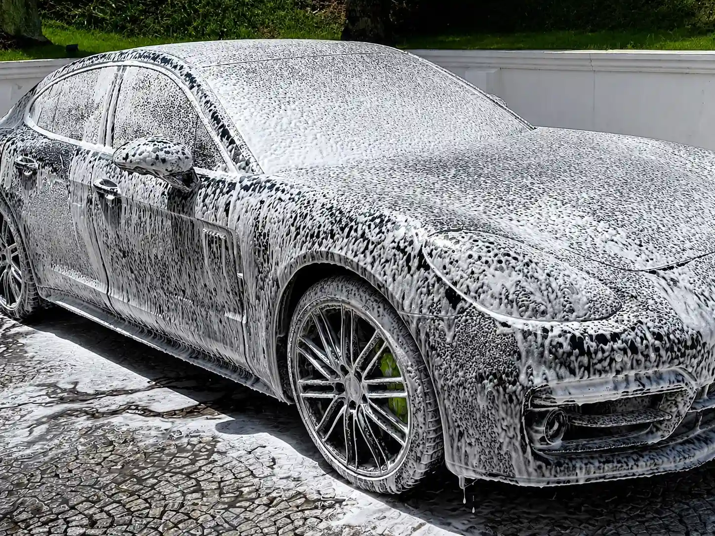 Carro coberto de espuma ativa (snow foam) na pré-lavagem técnica
